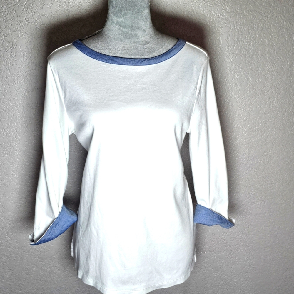 Nautica Women's 3/4 Cuffed Sleeve White Chambray Casual Top Size Large - Picture 3 of 8